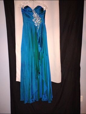 Strapless Teal and Blue Ombre Evening Gown with Crystal Appliqué